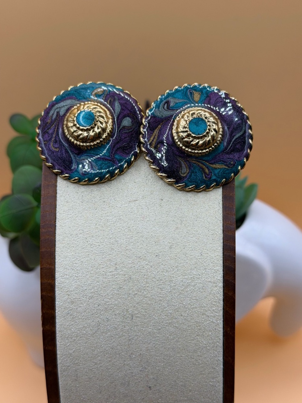 Handcrafted Purple Teal Swirl clip on Earrings - Gold Accent vintage